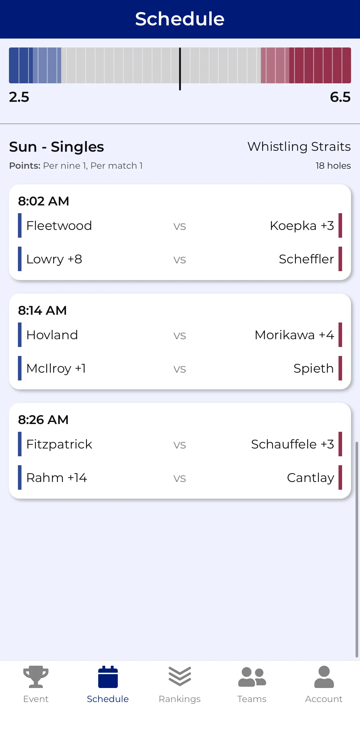 CupTracker round view that players use during play